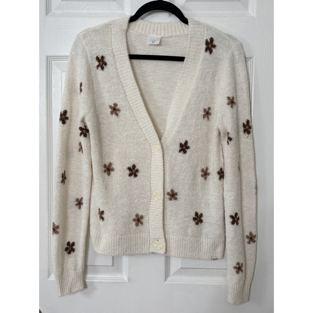 Abercrombie Kids Cream Brown Floral Fuzzy Cardigan Sweater 15/16 Fits Womens XS - Picture 2 of 8